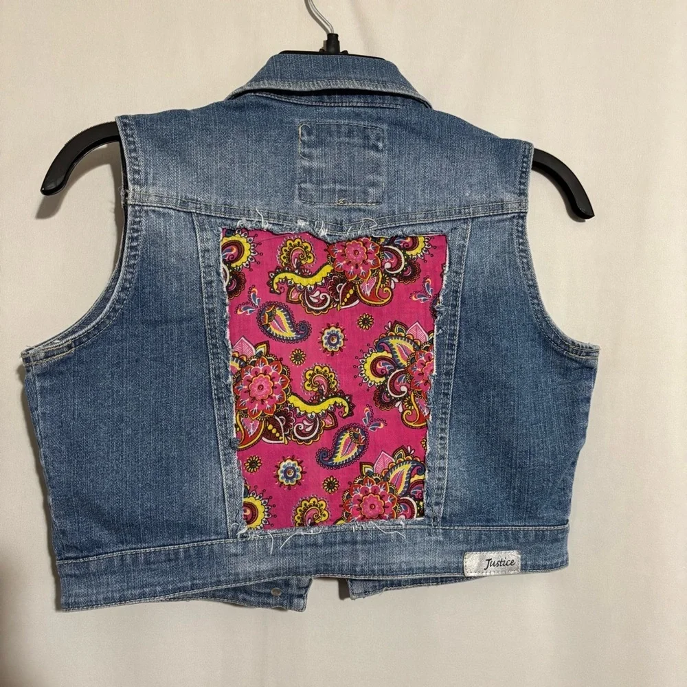 Justice size 14 Girls Embellished Denim Vest with Pink Accents Paisley Fabric